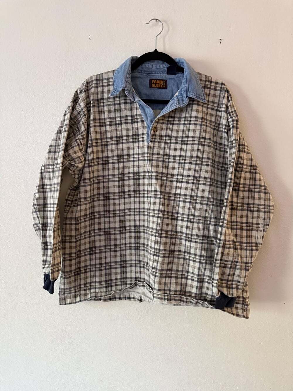 Faded Glory Plaid Long Sleeve Rugby Shirt Y2K 90s polo cotton flannel large